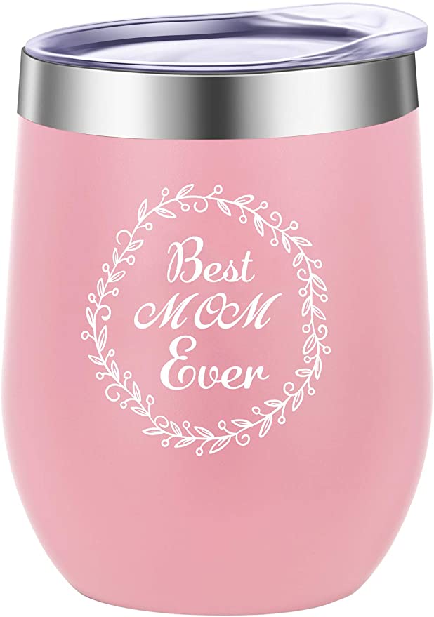 Pufuny Mother's Day Gifts from Daughters,Sons,Best Mom Ever Wine Tumbler Glass Mug,Unique Birthday,Christmas Gifts for Moms,Mama,Mommy,Wife,Her,Women 12 oz Light Pink