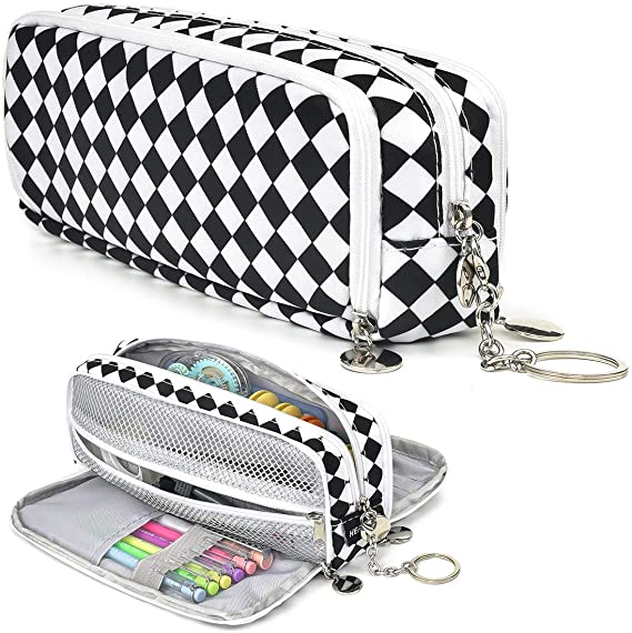 HERRIAT Large Pencil Pouch with Keychain, Durable Canvas Big Capacity Pencil Case Bag for Teen Boys Girls High School Students and Office Suppliy with 3 Compartments Marker Case(White Grid)