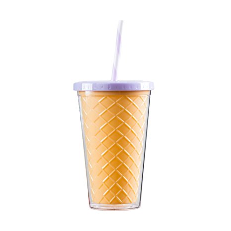 Bewaltz Ice Cream Cone Double Wall To Go Cold Cup Tumbler with Straw BPA Free 16 oz. (Purple)
