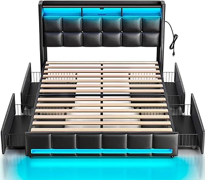 Rolanstar Full Bed Frame with 4 Storage Drawers, Charging Station and LED Lights, PU Leather Bed Storage Headboard, Heavy Duty Wooden Slats, No Box Spring Needed, Noise Free, Easy Assembly