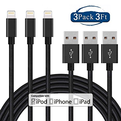 iPhone Charger,SEENFAAN 3Pack 3FT Lightning USB Soft Nylon Braided Cable, 2.4A USB Fast Charging Charger Cord for iPhone X/8/8 Plus/7/7 Plus/6/6 Plus/6S/6S Plus,SE/5S/5,iPad,iPod Nano 7(Black)