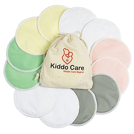 Kiddo Care Washable Organic Bamboo Nursing Pads -12 PACK Colored (6 pairs)- Reusable Breast Pads,Bra pads, Leakproof, Ultra soft, Waterproof, Hypoallergenic breastfeeding pads, absorbent pads!