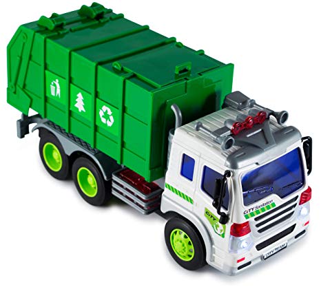 ToyThrill Friction Powered Garbage Sanitation Toy Truck with Lights and Sounds for Kids