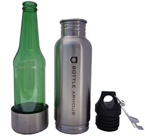 Bottle Armour Logo Stainless Bottle Insulator with Attached Bottle Opener (Stainless Steel - Large Logo)