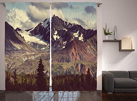 Ambesonne Alaska Mountains Curtains, Arctic Landscape Hiking Mountain in USA Wilderness, Window Drapes 2 Panel Set for Living Room Bedroom, 108 W X 84 L inches