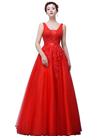 Babyonline Women's Double V-neck Tulle Appliques Long Evening Cocktail Gowns