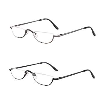 Half Frame Reading Glasses Set of 2 Pairs Half Rim Metal Frame Glasses Spring Hinge Readers with Leather Pouch for Men and Women, 2.50 Strength Black Gunmetal