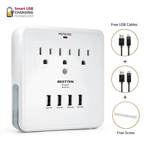 Bestten 3 Outlet Wall Mount Surge Protector with 4 USB Charging Ports (Max 4.2A), and 2 Slide Out Phone Holders, 900 Joule Rating, cETL Listed