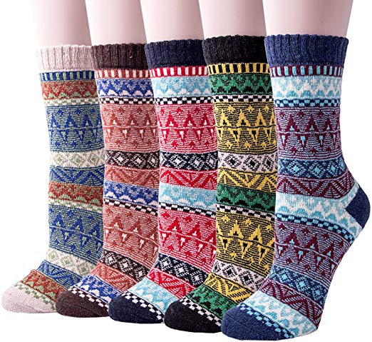 Pack of 5 Womens Wool Socks Cold Weather Vintage Soft Warm Socks Thick Knit Cozy Winter Socks for Women