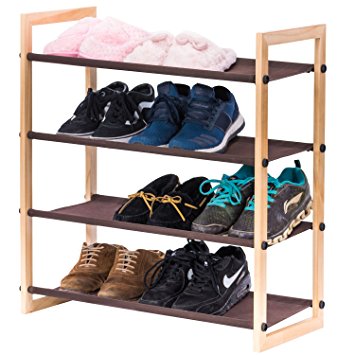 Stackable Wooden Shoe Rack, MaidMAX 4 Tiers Shoe Storage Rack Nonwoven Shoe Shelf Organizer with Wooden Frame for Shoes in Entryway and Hallway, Brown