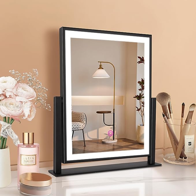 Makeup Mirror with Lights, Fashion Lighted Vanity Mirror with Dimmable Light, Smart Control, Memory, Adjustable Warm White/Natural/Daylight, Birthday Wedding Gift, 360°Rotation (Black, 12inch)