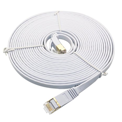 Cat 7 Ethernet Cable 30 ft, Cat 7 Flat High Speed LAN Network Patch Cable Cord with Gold-Plated RJ45 Connectors for Xbox One, Play Station,IP Cameras,Switch, Router, Modem and more White