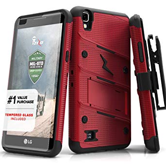 Zizo BOLT Series compatilbe with LG Tribute HD Case Military Grade Drop Tested with Tempered Glass Screen Protector Holster LG X Style RED BLACK