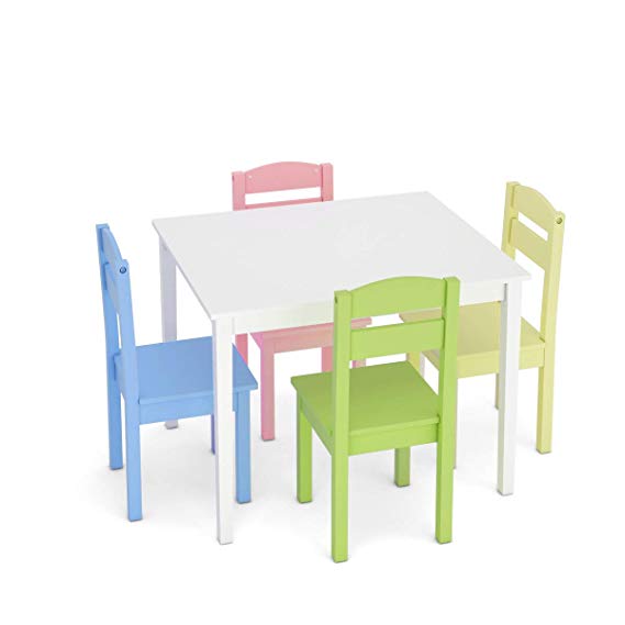 Costzon Kids Wooden Table and Chairs, 5 Pieces Set Includes 4 Chairs and 1 Activity Table, Picnic Table with Chairs (White & Pastel)