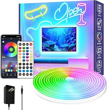 Led neon Rope Lights 32.8Ft Music Sync IP65 Waterproof Flexible Led Rope Lights 40Key Remote/APP Control,Outdoor RGB Neon Lights, Led Neon Strip Lights for Bedroom Indoor.