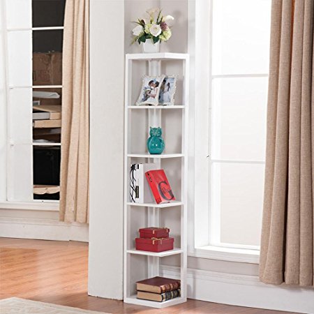 Yaheetech 5 Tier White Finish Wood Wall Corner Shelf Slim Bookshelf/Bookcase Tall Display Rack