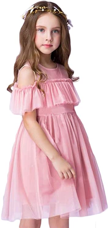 HILEELANG Girl Summer Short Sleeve Casual Dress Cotton Tulle Check Party Dress Toddler to Big Girl 1-12Y