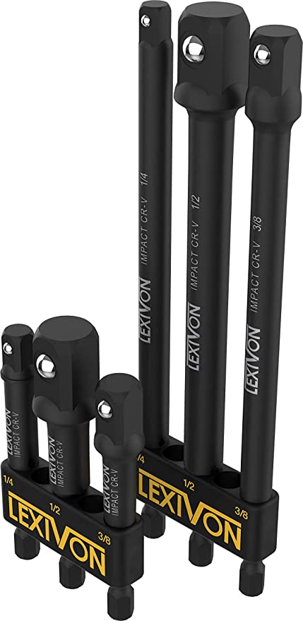 LEXIVON 6-Piece Impact Grade Socket Adapter Set - 3" & 6" Extension Bit With Holder | 1/4", 3/8", and 1/2" Drive, Adapt Your Power Drill To High Torque Impact Wrench (LX-105)