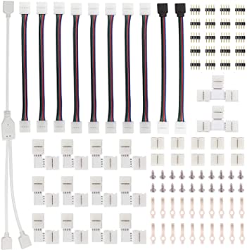 4 Pin RGB LED Strip Connector Kit - Include 5050 4Pin 2 Way RGB Splitter Cable, RGB Controller Jumper, LED RGB Jumper, L & T Shape Connectors, Gapless LED Connector, Male Connector, LED Strip Clips