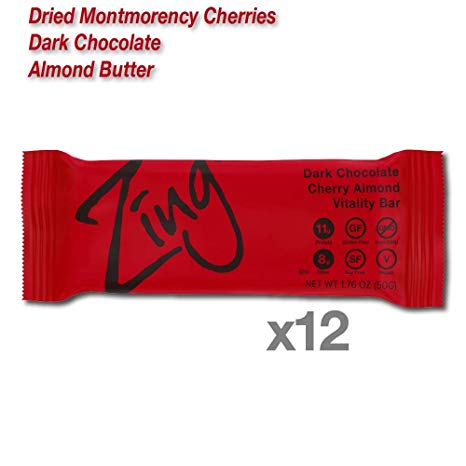 Zing Vital Energy Nutrition Bar, Dark Chocolate Cherry Almond, High Protein, High Fiber, Low Sugar, Real Dark Chocolate, Tart Montmorency Cherries, Vegan, 12 Count