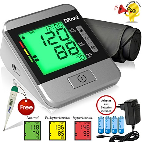 Dr.Trust Goldline Fully Automatic Blood Pressure Monitor TALKING with 3 COLOR BACKLIGHT HYPER TENSION INDICATOR and ADVANCED FUZZY ALGORITHM for HIGH ACURRACY (Power Adapter, 4 Batteries and Thermometer FREE)