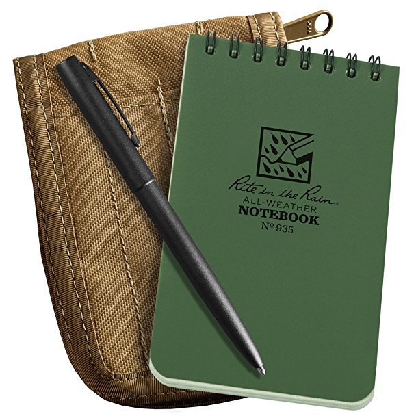 Rite in the Rain All-Weather 3" x 5" Top-Spiral Notebook Kit: Tan CORDURA Fabric Cover, 3" x 5" Green Notebook, and an All-Weather Pen (No. 935-KIT)