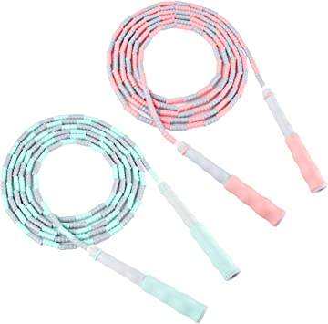 Qishare 2 PACK Jump Ropes with Soft Bead, Adjustable Tangle-Free Non-Slip Handle, Segmented Fitness Skipping Rope for Men, Women, Kids Keeping Fit, Training --11.8FT(Pink gray Blue gray)