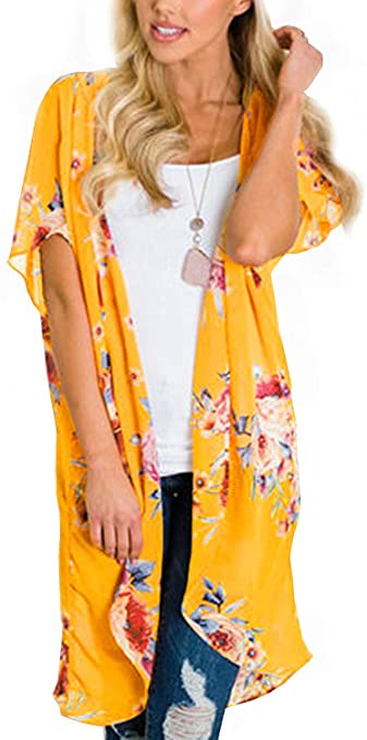 BB&KK Women's Floral Kimono Cardigans Chiffon Casual Loose Open Front Cover Ups Tops