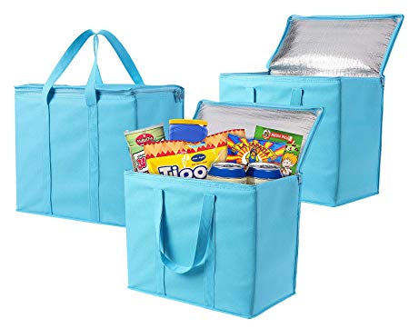 3 Pack Insulated Reusable Grocery Bag by VENO, Durable, Heavy Duty, Extra Large Size, Stands Upright, Collapsible, Sturdy Zipper, Made by Recycled Material, Eco-Friendly (Cyan, 3)