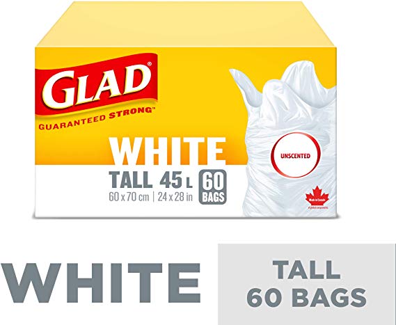 Glad White Garbage Bags - Tall 45 Litres - Unscented,  60 Trash Bags