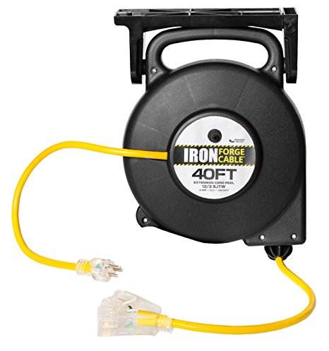 40 Ft Retractable Extension Cord Reel - 2 In 1 Mountable & Portable Power Cord Reel with 3 Electrical Outlets - 12/3 SJTW Heavy Duty Yellow Cable - Perfect for Hanging from Your Garage Ceiling