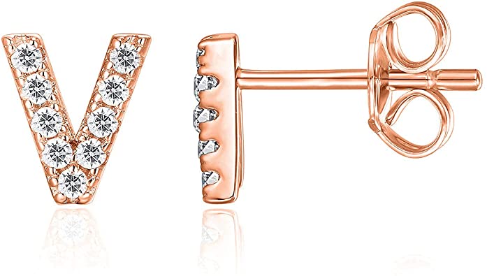 PAVOI 14K Rose Gold Plated Sterling Silver CZ Alphabet Letter Earrings | Initial Earrings for Girls