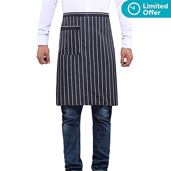 Bistro Apron Striped for Women Men - Half Apron with Pocket Unisex Serving apron for Waiter Waitress Server Restaurant Kitchen Cafe Cotton by BOHARERS