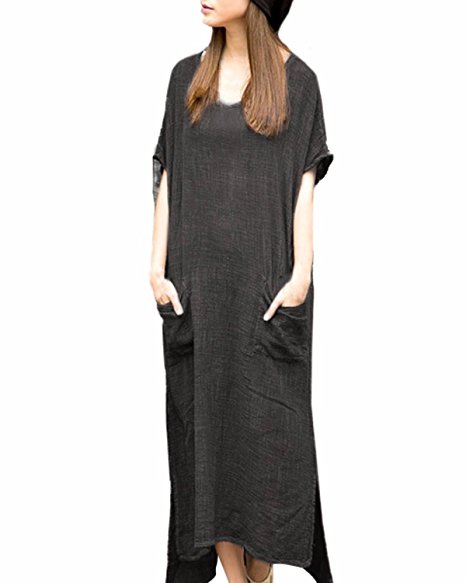 StyleDome Women's Cotton Short Sleeve Pocket Slit Side Hi-low Long Maxi Dress