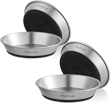 Wellbro Cat Bowls, 4 Pcs Stainless Steel Cat Bowls for Food and Water, Whisker Fatigue Shallow Non-Slip Cat Dishes Plates for Small Dog Puppies Cats