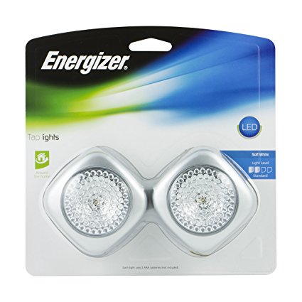 Energizer LED Tap Lights, 2 pack, Touch On/Off, Wireless, Silver, Soft White, 37107