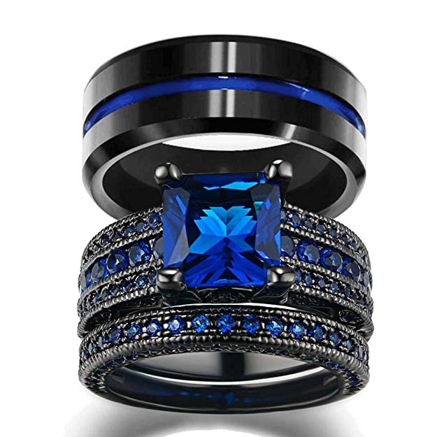 LOVERSRING His and Hers Wedding Ring Sets Couples Rings Women 10K Black Gold Filled Blue Cz Wedding Engagement Ring Bridal Sets Men's Stainless Steel Wedding Band
