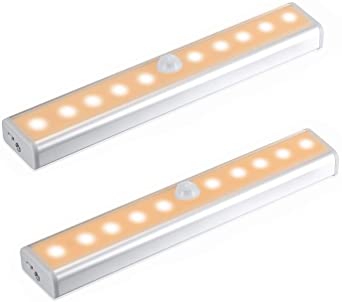 10 LED Motion Sensor Light,Wireless PIR Motion Sensor Cupboard Night Light Bar with Stick-on Magnetic Strip and 3M Adhesive for Indoor,Stairs,Drawer,Wardrobe(2 Pack)