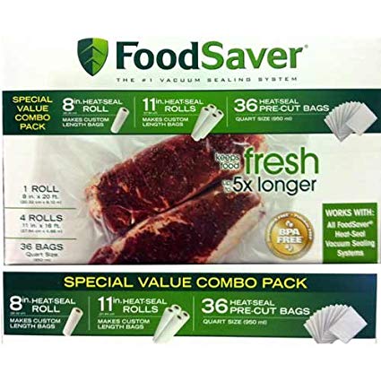 FoodSaver Special Value Vacuum Seal Combo Pack 1-8"Roll; 4-11"Rolls; 36 Pre-Cut Bags