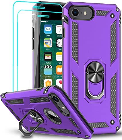 LeYi Compatible for iPhone SE 2020 Case with [2Pack] Tempered Glass Screen Protector, [Military-Grade] Protective Phone Case with Magnetic Ring Kickstand for iPhone SE 2nd Generation (2020), Purple