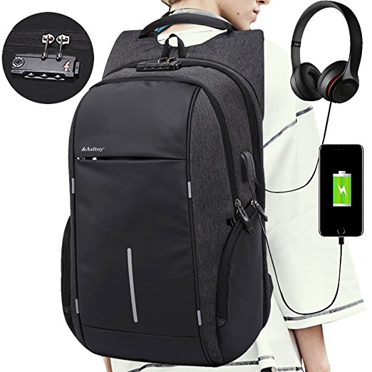 Laptop Backpack Rucksack Asltoy 17.3 inch Notebook Business Backpack Large Capacity TSA Lock Anti Theft Water Resistant USB Charging Port Headphone interface Travel bag College Bag School Bookbag (Bk)
