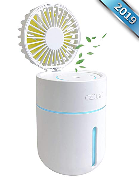 New Chrono Ultrasonic Cool Mist Humidifier with Fan, Portable USB Rechargeable Battery, 400ml Capacity with 7 Color Night Lights, Small Personal Desktop Air Humidifying for Home Bedroom Car & Office