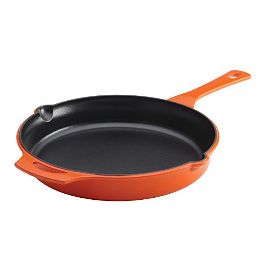 Rachael Ray Cast Iron 12-Inch Skillet with Helper Handle and 2 Pour Spouts, Orange