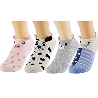 HSELL Cute Animal Low Cut Socks, No Show Socks Women, 4 Packs Cotton Liner Socks