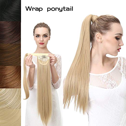 SARLA Straight Long Ponytail Hair Extension Clip in wine Wrap Around Synthetic Fake Pony Tail Hairpiecs Hair Piece For Women Heat-Resisting Fiber 24" 4.3oz P001&wine