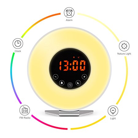 Wake Up Light Alarm Clock – 7 Color Light – Sunrise Simulator With Night Light – With Nature Sounds or FM Radio Alarm – USB Charger – Touch Control – For Heavy Sleepers