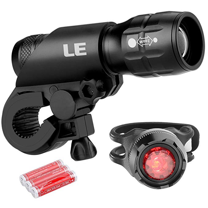 LE LED Bike Light Set, Front and Rear Bicycle Light Set, Batteries Included, 3 Light Modes, 200lm, Water Resistant, Cycling Headlight and Taillight, Easy Install/Quick Release