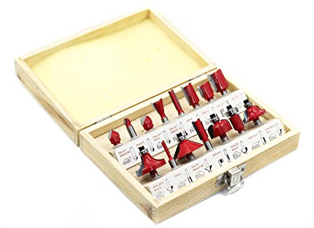 YUFU-15 Pieces Professional Multi-Purpose Wood-working Carbide tipped Router Bit Set Kit 1/4 Shank With Wooden Box Packaging