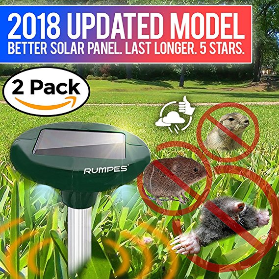 Solar Repellent Spike: 2-Pack, (Water Resistant with LED Lights) Gopher, Rodents, Moles, Voles, Mice, Rats, Snakes, Shrew, Pests Water Resistant Solar Powered Ultrasonic Repeller RUMPES