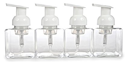 Vivaplex, 4 New,, 8.5 oz (250 ml), Square, Clear, Plastic Foaming Soap Dispensers, with White Pumps